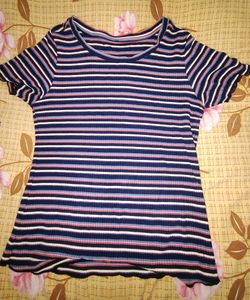 Stretchable Ribbed Max Striped Blue And Pink Tshirt For Women