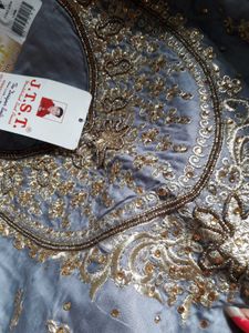 Gray Embroidered Salwar Kameez Material With Tag