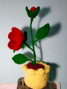Crocheted Red Rose in Yellow Pot