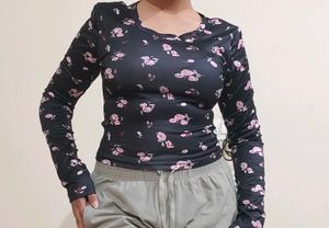 Black Floral Print Crop Top