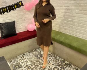 Brown Ribbed Knit Midi Dress