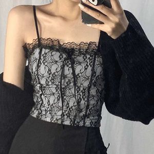 Y2K Black Floral Lace Top Ruffles Sexy Tank