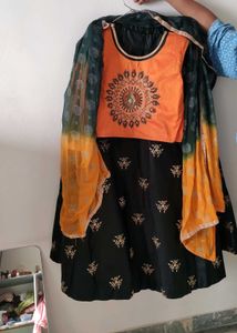Orange &amp; Black Embroidered Lehenga