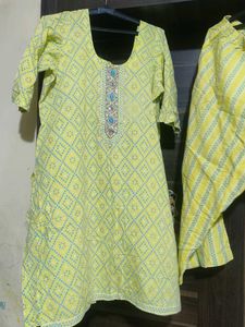 Yellow Printed Kurti Set