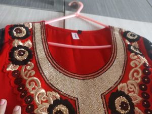 Red Kurtha With Netted Sleeves