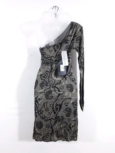 Black &amp; Gold Color Printed Ond Shoulder Dress ( Wo