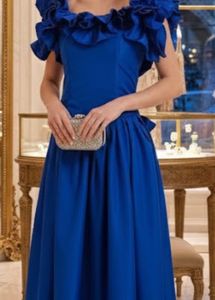 Royal Blue Vintage Ruffled Gown With Bow SnOn Back