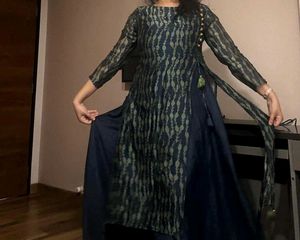 Navy Blue &amp; Green Indo-western Gown With Dark Inne