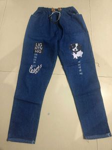 Dark Blue Printed Denim Joggers