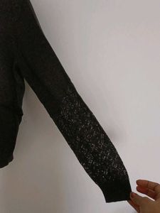Gray Turtleneck Top with Lace Detail