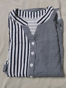 Blue Thin-thick Strip Design Top For Women