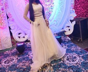 peach colour crop top lehenga net fabric