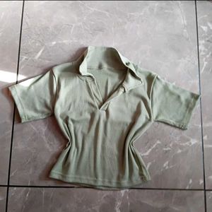 Sage Green Ribbed Polo Top