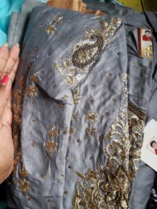 Gray Embroidered Salwar Kameez Material With Tag