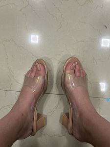 Nude Clear Block Heel Mules
