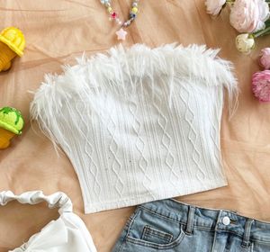 White Feather Trim Tube Top
