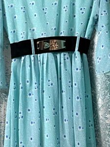 “Elegant Sky Blue Midi Dress with Black Belt”