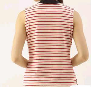 Off White &amp; Red Striped High Neck Tshirt