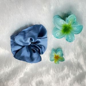 Sky Blue Scrunchie + Floral Claw Clip Combo