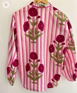 pink poppy print striped shirt