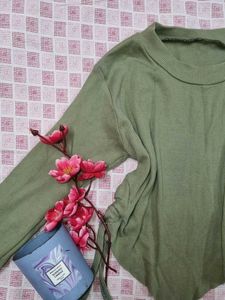 Cute Green Long Sleeve Top With Side Strings