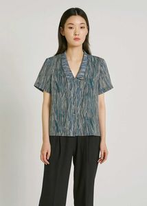 Abstract Blue Green Wavy Stripe Collared Shirt