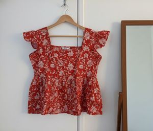 Red Floral Ruffle Sleeve Top
