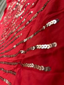 Red Sequin Embellished One-Shoulder Top