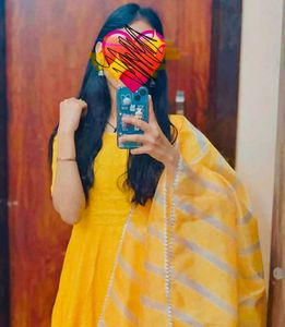 Yellow Anarkali Suit with Striped Dupatta