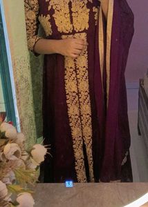 Elegant Burgandy & Gold Embroidered Dress