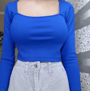 Blue Square Neck Crop Top