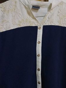 Navy &amp; Lace Button Down Top