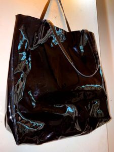 Black Solid Patent Leather Westside Tote Bag.