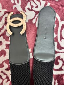 Black Wide Stretch Belt with Gold Buckle