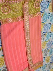 Elegant Peach &amp; Gold Indian Saree New Without Tag