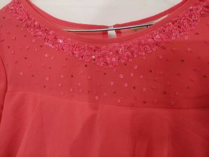 Pink Coloured A-line Dress With Sequence On Top.