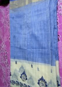 A Blue Handloom Saree With Stitched Blouse Size34