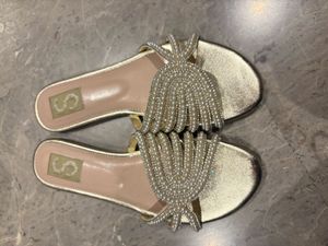 Sparkly Gold Embellished Slides With Pearls.