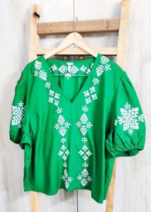 Green Embroidery Work Cotton Top Si,e-46-48