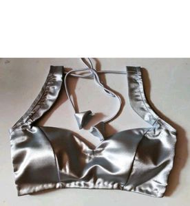 Silver Satin Padded Cut Sleeve Sweetheart Blouse