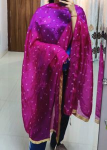 Pink Bandhani Dupatta w Golden Gota Patti &amp; Tassel