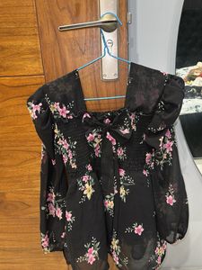 Cute Flowers Black Peplum Top For Women.