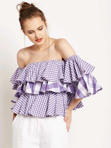 White &amp; Purple Checked Off Shoulder Top