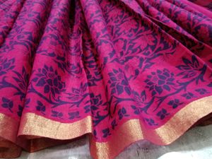 Elegant Rani Pink Floral Printed Cotton Saree