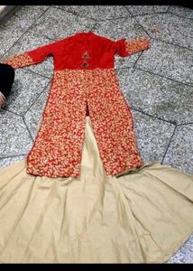 Red Embroidered Kurta &amp; Gold Skirt
