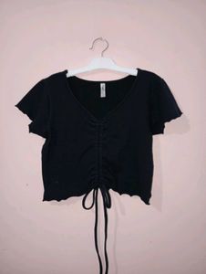 Black Cropped Drawstring Top