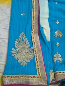 Blue Sari with Gold Embroidery