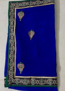 Royal Blue &amp; Red Saree Lehenga-Embroidered Blouse