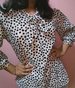 Polka Dot Tie-Neck Blouse