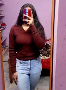 Brown V Neck Full Sleeve Sweater For Women